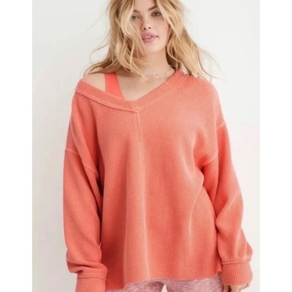 Aerie Wonder Textured V-Neck Sweatshirt Medium Orange Oversized Ribbed Pullover